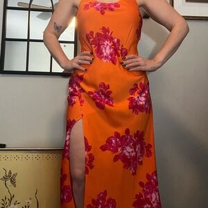 Elegant Beachy  Orange Dress with Pink Floral Design